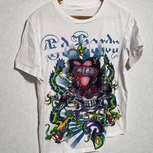 Ed Hardy Graphic Tee – Dragon Skull Tattoo Top | Y2K Rhinestone Graphic L